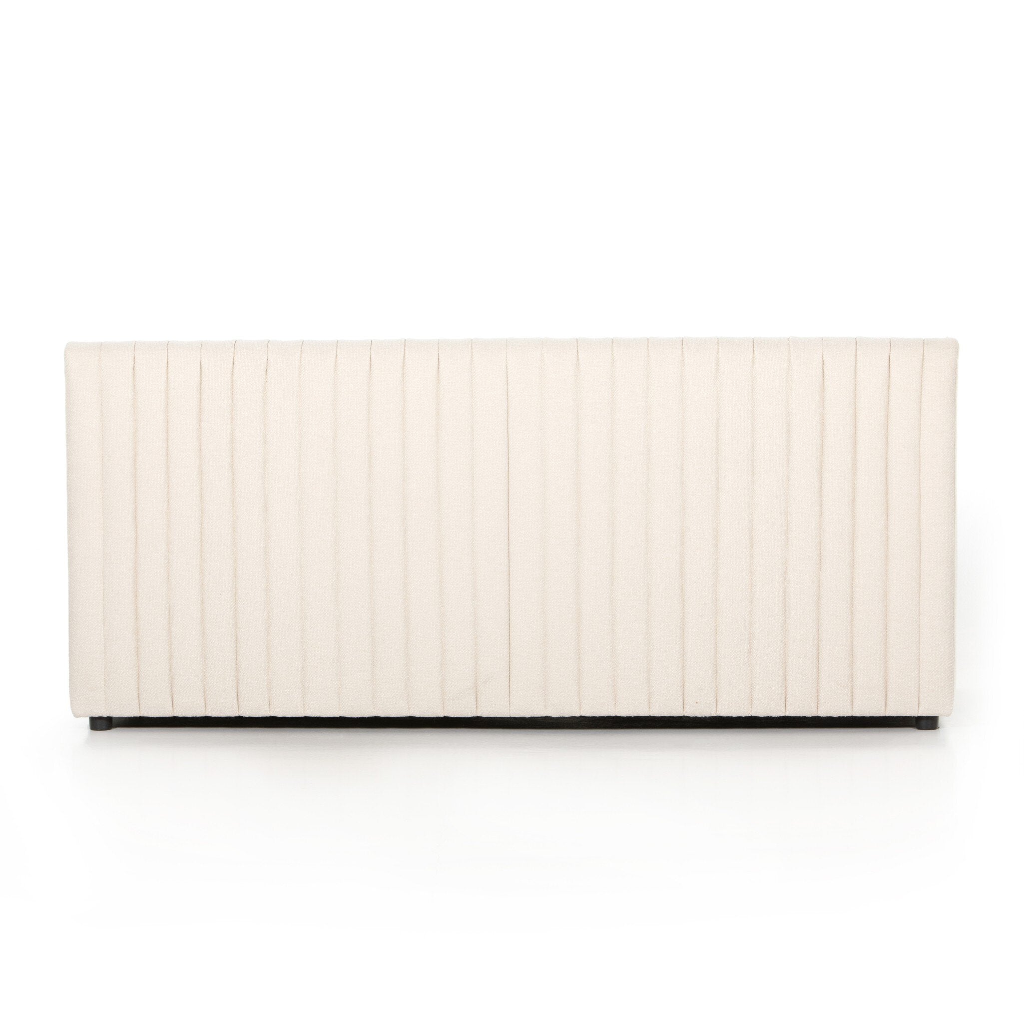 Back center booth Custom Augustine dining banquette in neutral performance fabric with high-back tufted detailing and wood base.