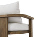 Back cushion detail Tahana Outdoor Dining Armchair with three-leg wood frame and Alessi Linen cushions