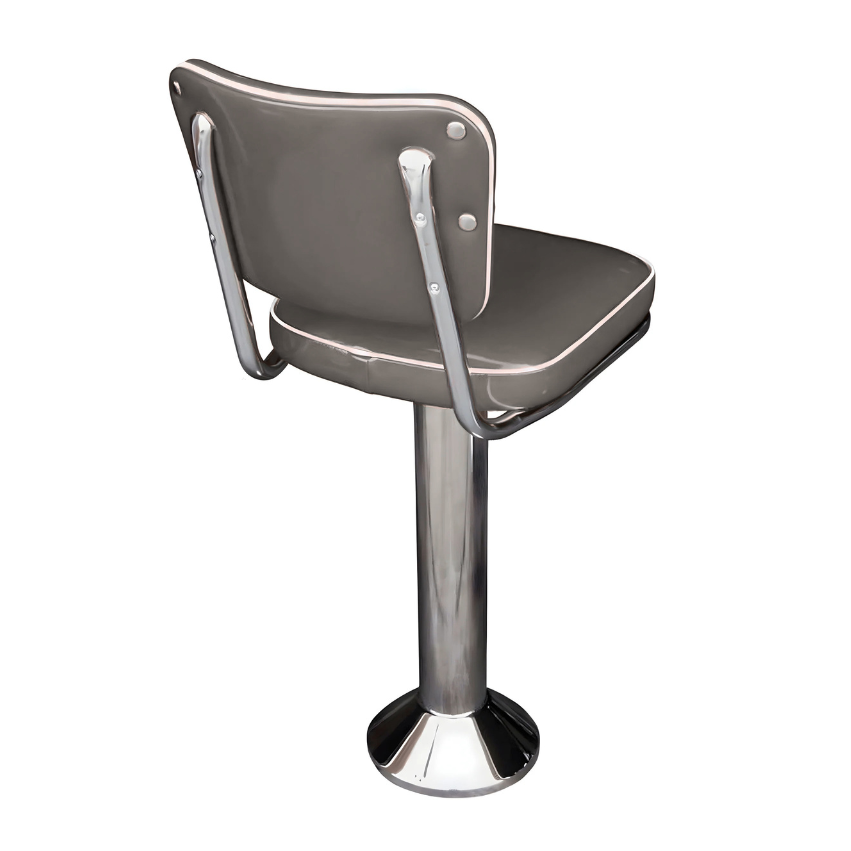 Back detail Stone Grey Vanellope bolted chrome  bar stool featuring smooth performance upholstery and a permanent floor-mounted metal base for refined stability