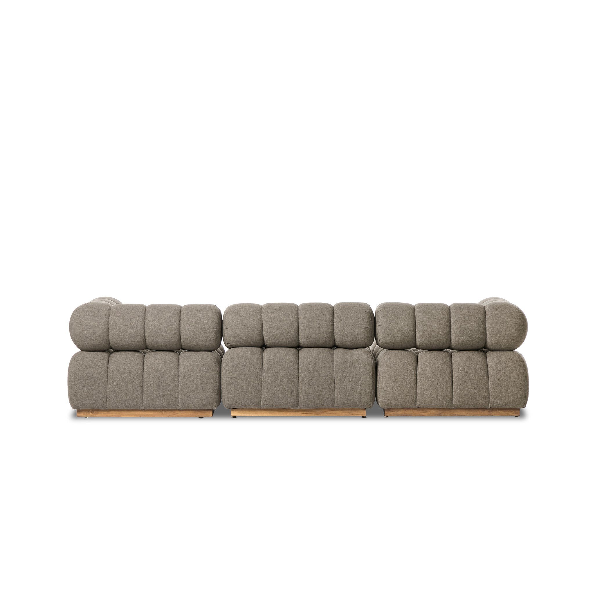 Outdoor 3-piece sectional sofa in Alessi Fawn with three connected seat modules and rounded arms