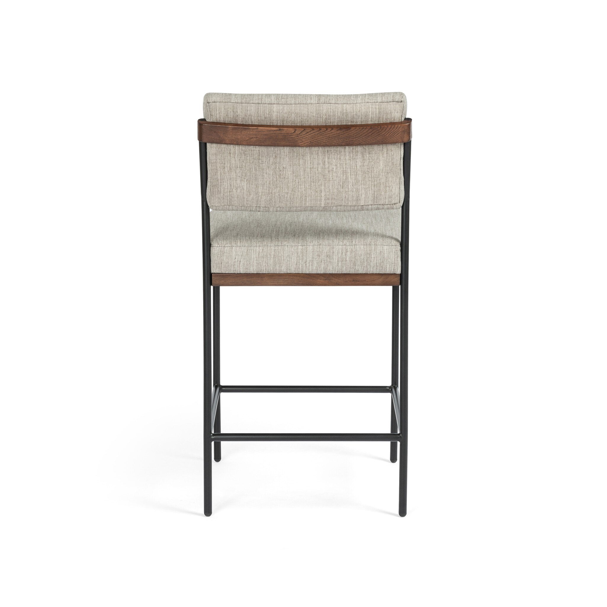 Upholstered counter stool with light gray seat and back, black frame, wood accents
