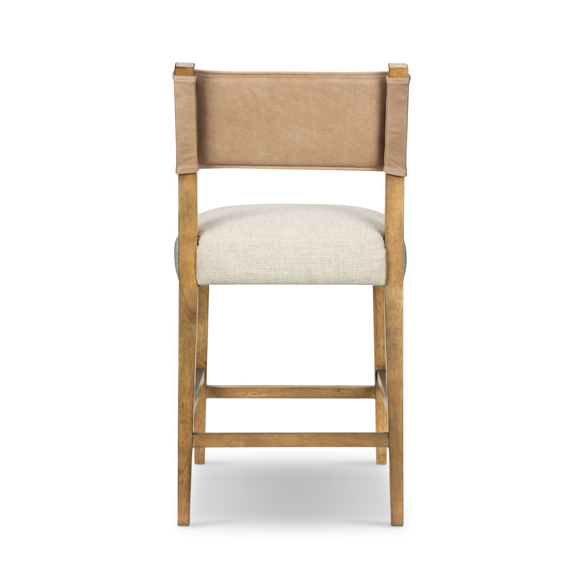 Cream upholstered counter stool with tan backrest and wooden base