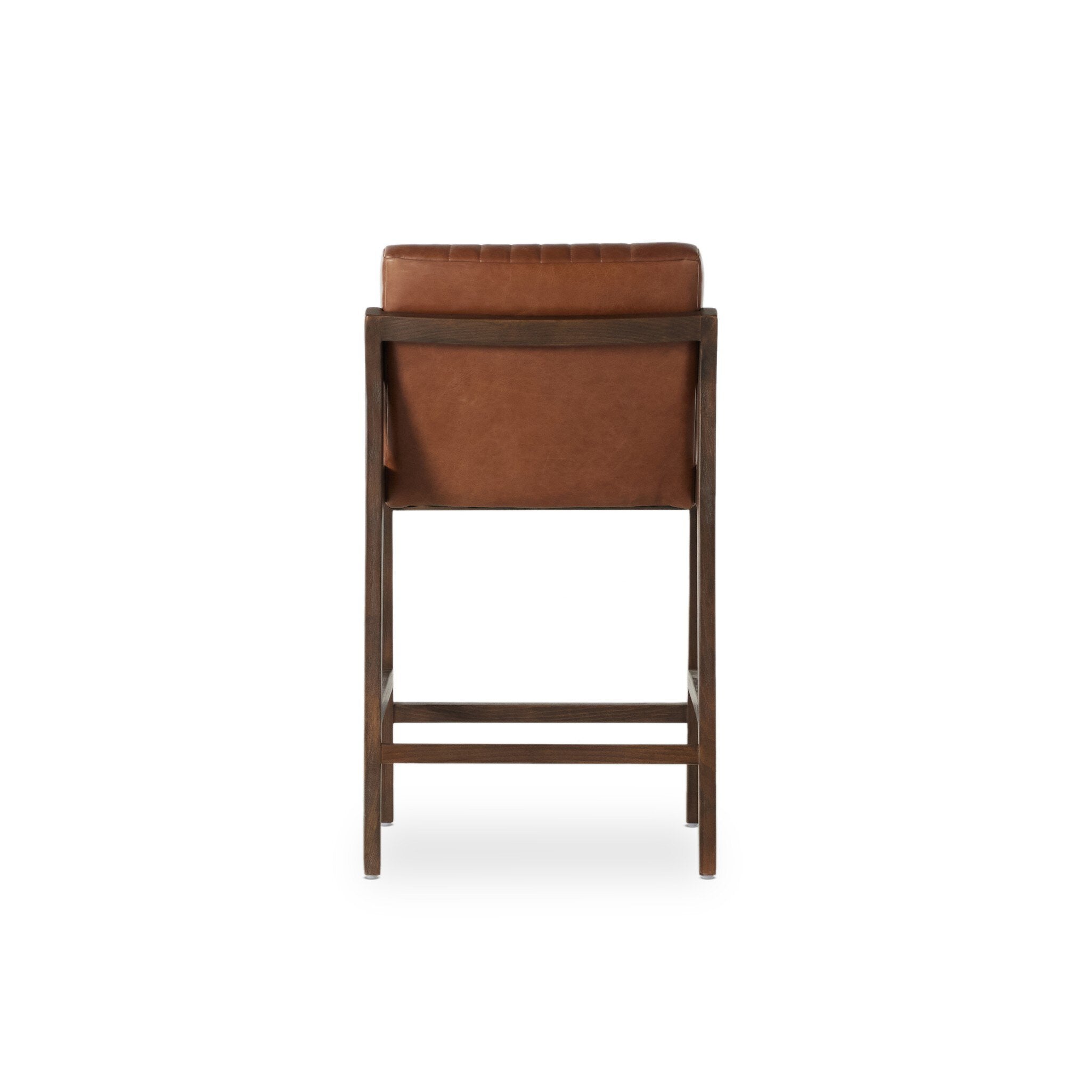 Back view of brown upholstered counter stool with dark wood frame and lower crossbar