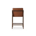 Back view of brown upholstered counter stool with dark wood frame and lower crossbar