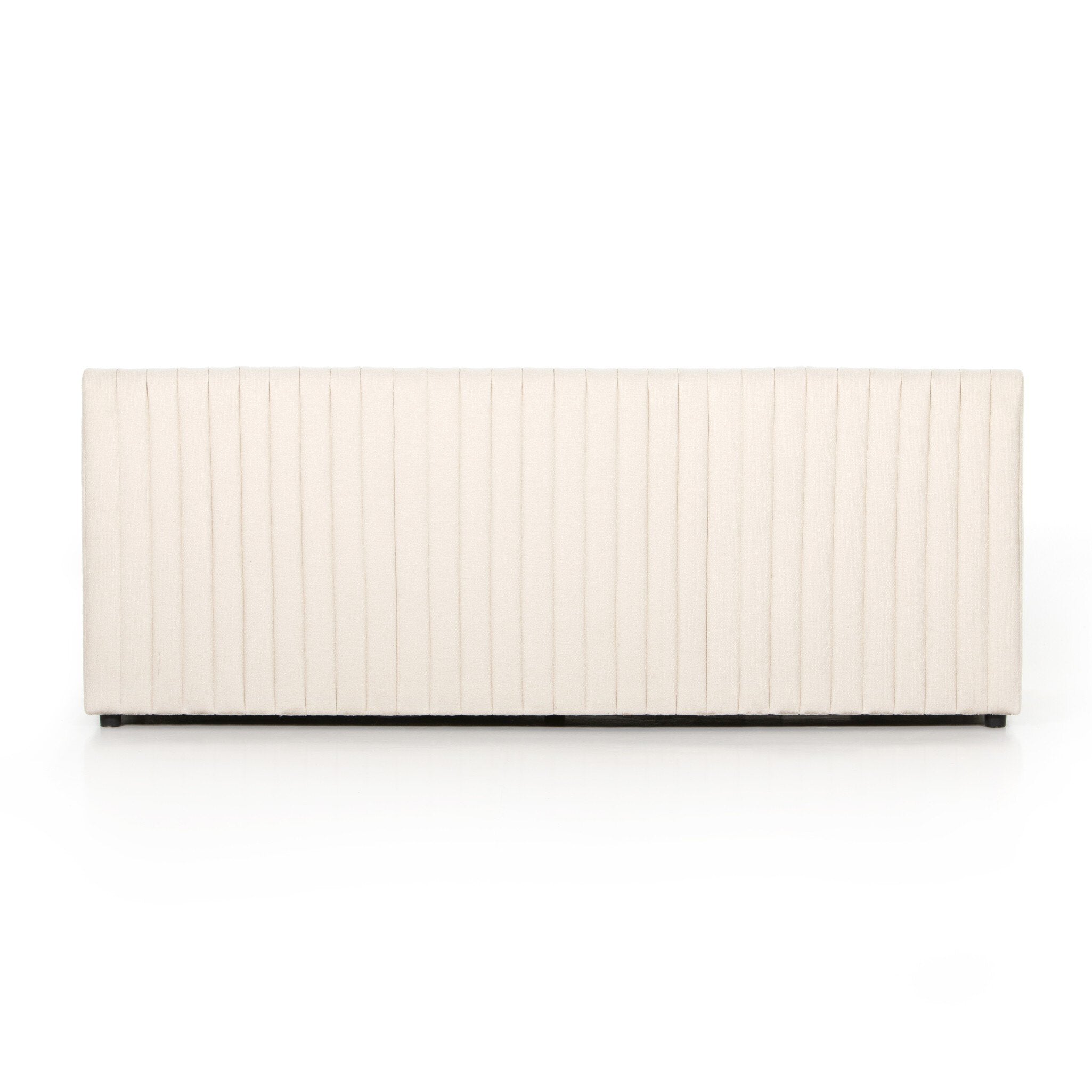 Back view Custom Augustine dining banquette in neutral performance fabric with high-back tufted detailing and wood base.