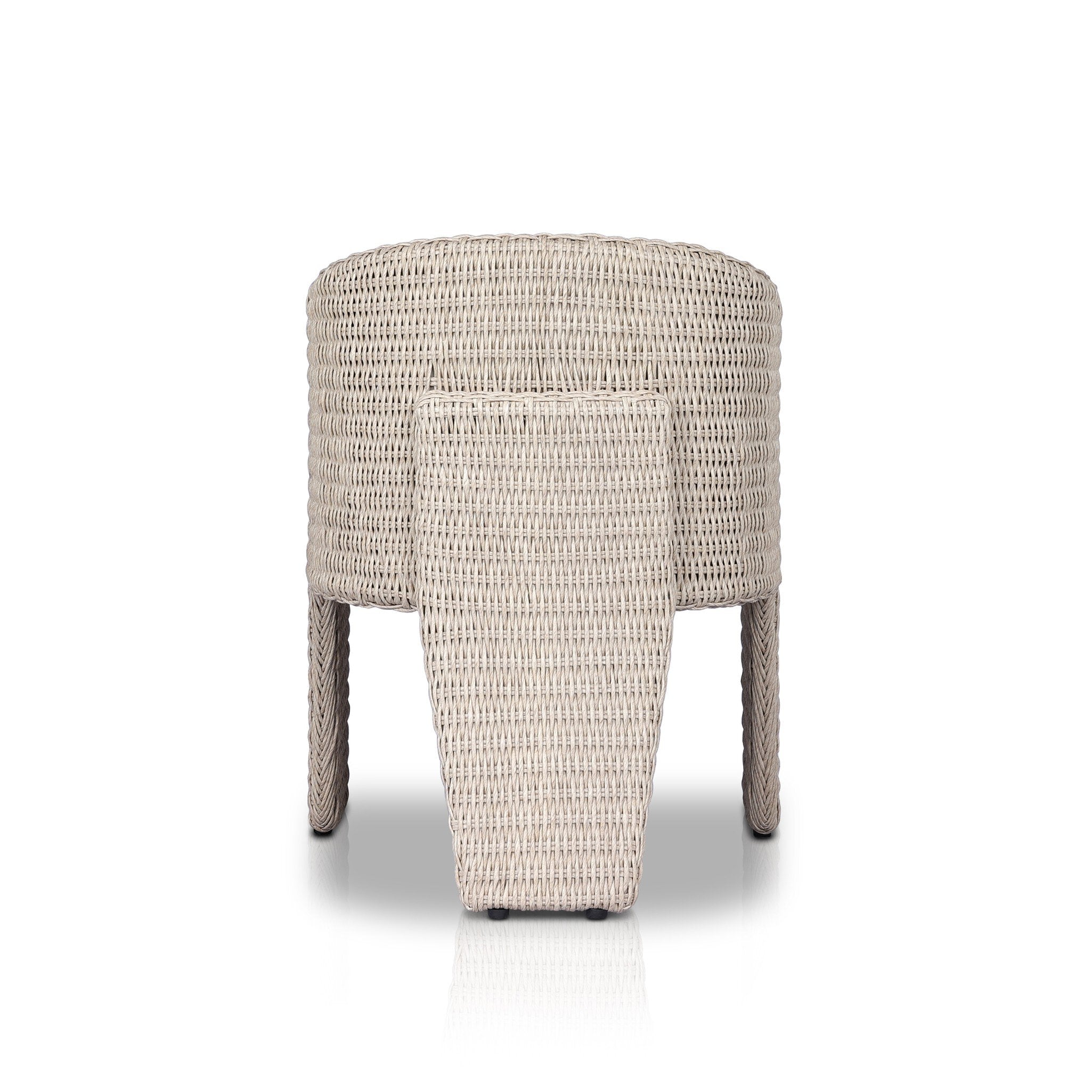 Back view Fae Outdoor Dining Chair with a barrel back, three-leg base, and Stinson White Olefin cushions