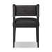 Armless dining chair with gray fabric seat, dark upholstered back, and straight legs