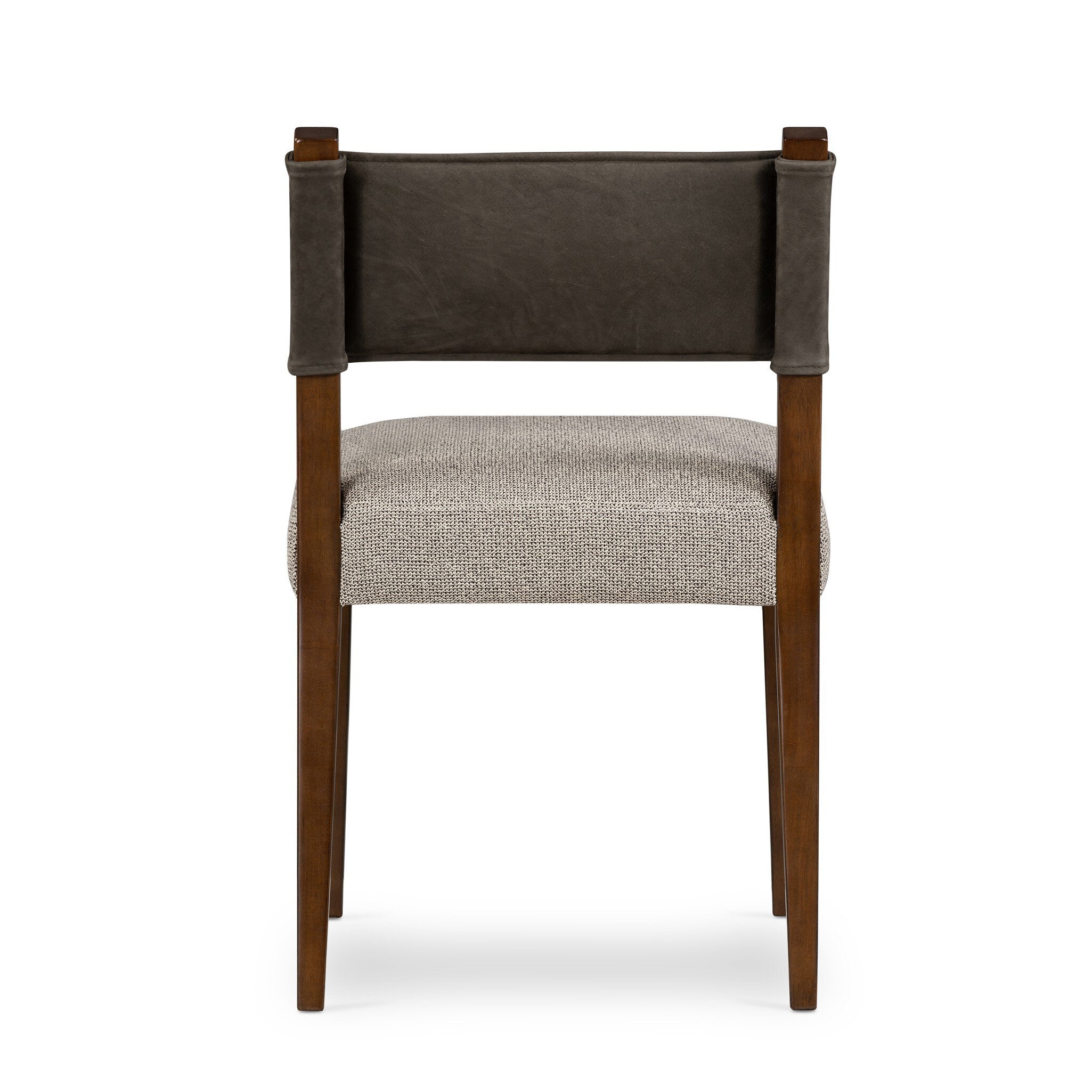 Armless dining chair with beige upholstered seat, dark brown leather-look back, wood legs