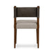 Armless dining chair with beige upholstered seat, dark brown leather-look back, wood legs