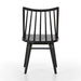 Black armless dining chair front view with vertical slat back, dark wood seat, four tapered legs