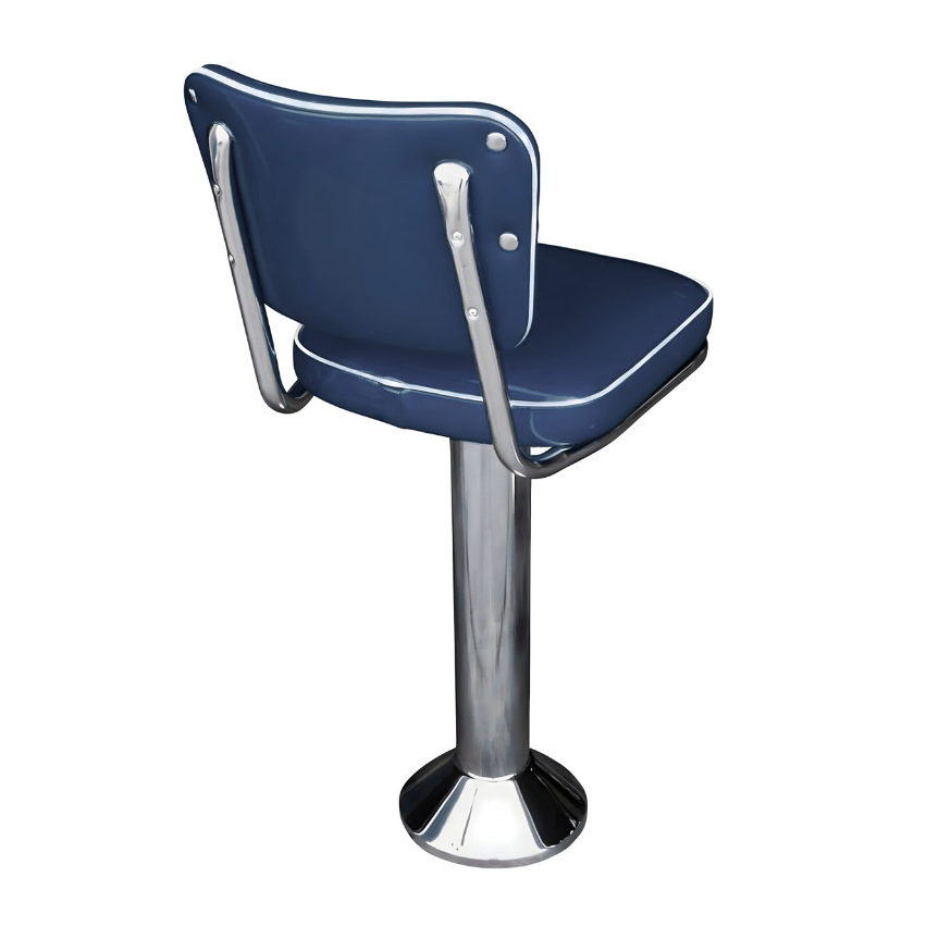 Back view Navy Blue Vanellope bolted chrome  bar stool featuring smooth performance upholstery and a permanent floor-mounted metal base for refined stability