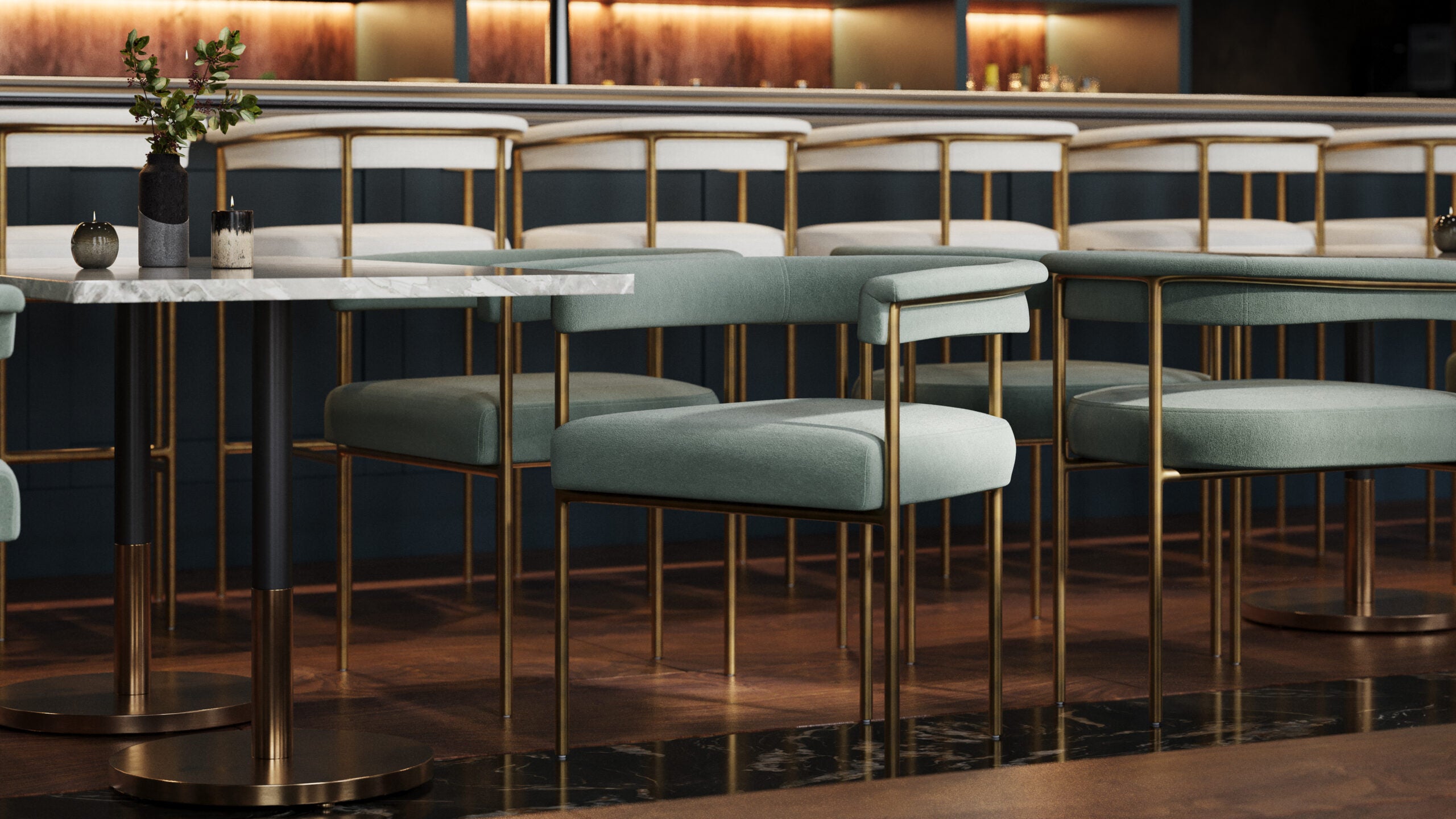 Teal fabric arm chair with padded arms and backrest, gold metal legs