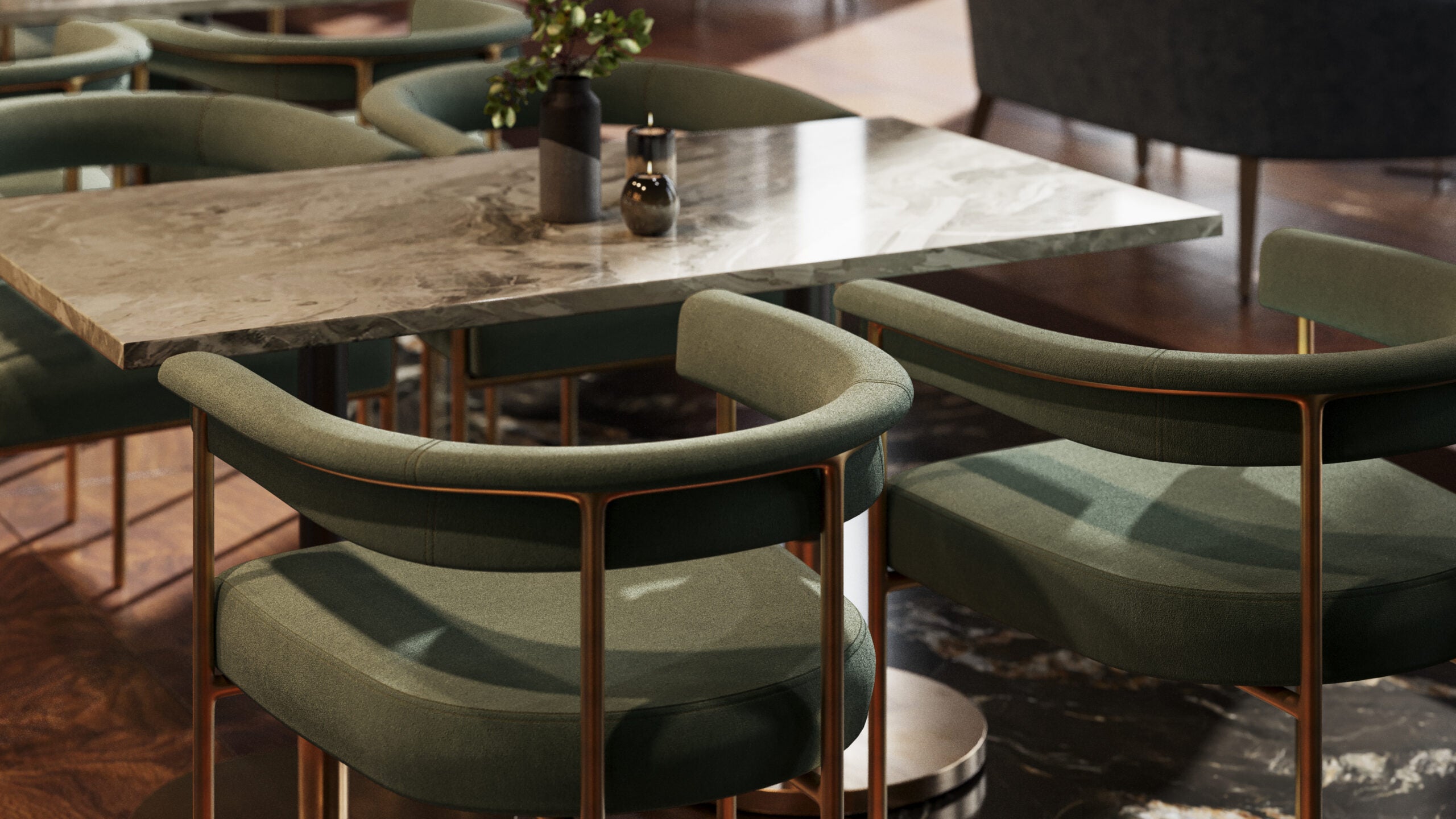 Teal upholstered arm chair with padded seat and arms, gold frame