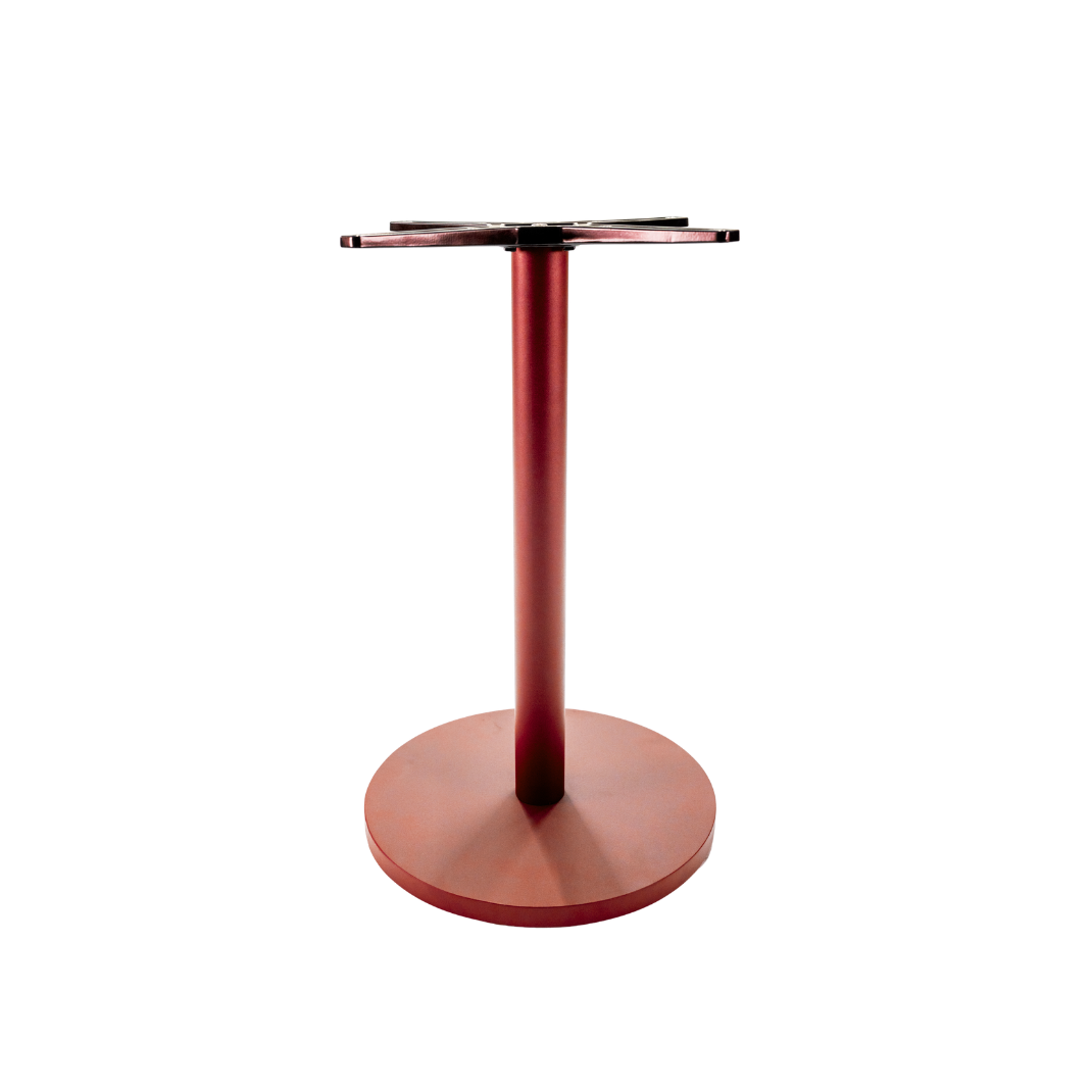 Base of bespoke red powder coat finish on a heavy-duty steel Lunar table base with 3M Scotchkote protection