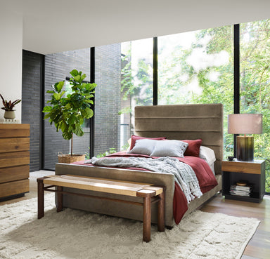 Modern bedroom with a large bed, Shona Interior Accent Bench with a solid russet mahogany frame and handwoven vintage cotton rope seat, and large windows.