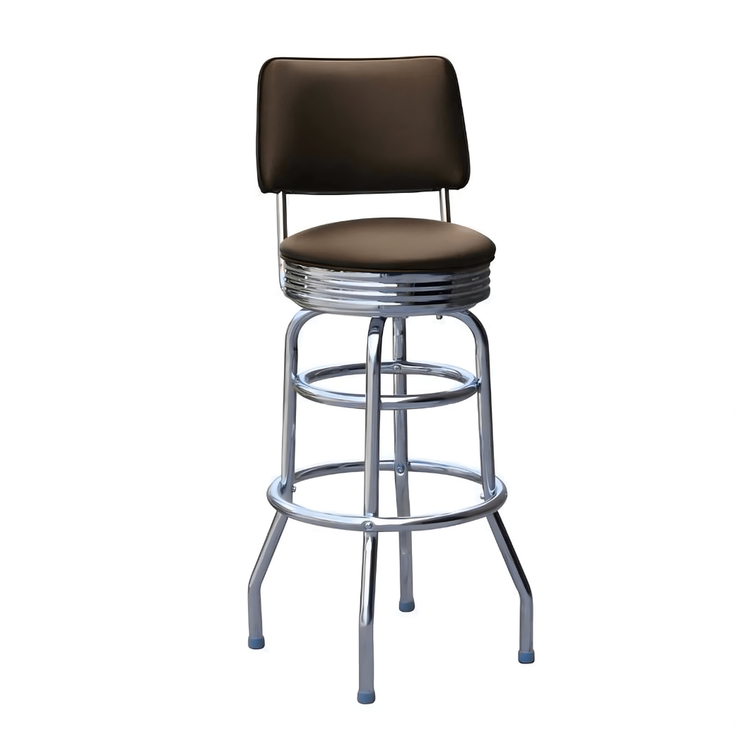 Belmont Double Ring Bar Stool by Social Design Supply Co: A vintage-inspired commercial bar stool with a padded backrest and chrome double-ring base for upscale hospitality seating