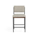 Counter stool with light gray upholstered seat and back, black metal frame