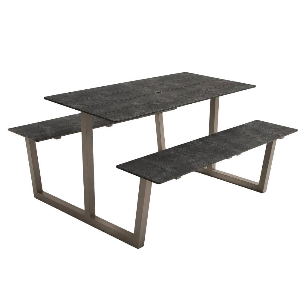 Monterey table with dark gray concrete tabletop, taupe metal base, and two side shelves.