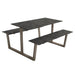 Monterey table with dark gray concrete tabletop, taupe metal base, and two side shelves.