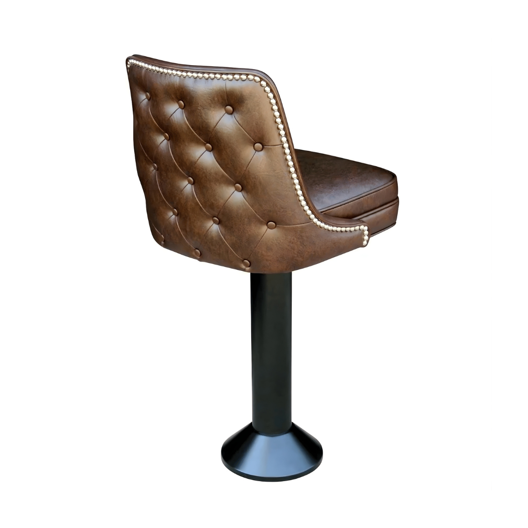 Black Base Porcini Leather Marsley Bolted Stool by Social Design Supply Co: A commercial-grade floor-mounted bar stool with a contoured upholstered seat and high-durability finish for hospitality bars