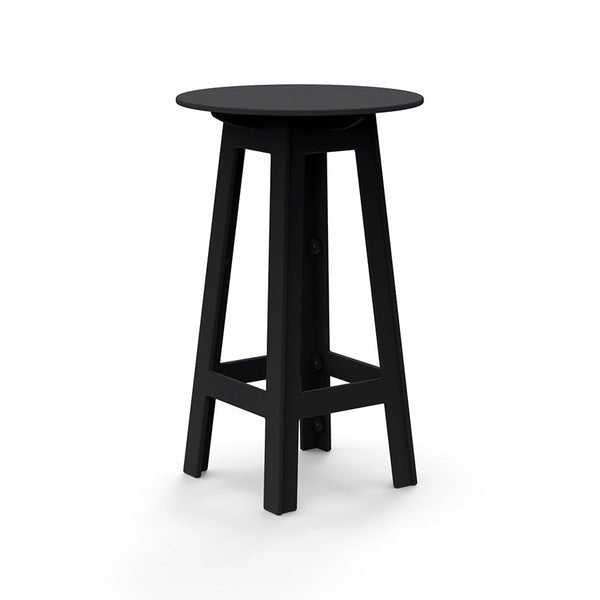 Black round bar table with angled legs and open-frame cutouts