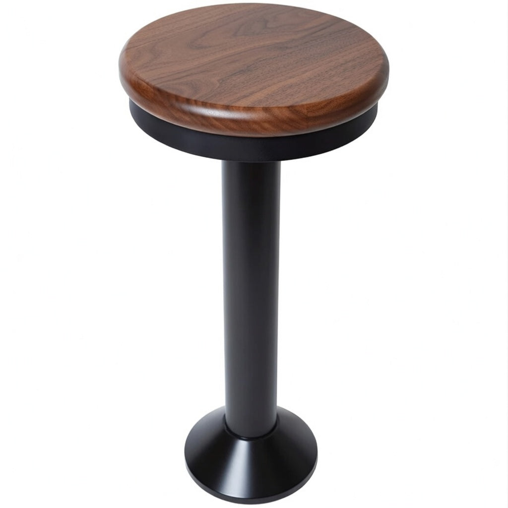 Black Paisley bolted bar stool featuring a walnut wood seat and a permanent floor-mounted metal base for grounded stability