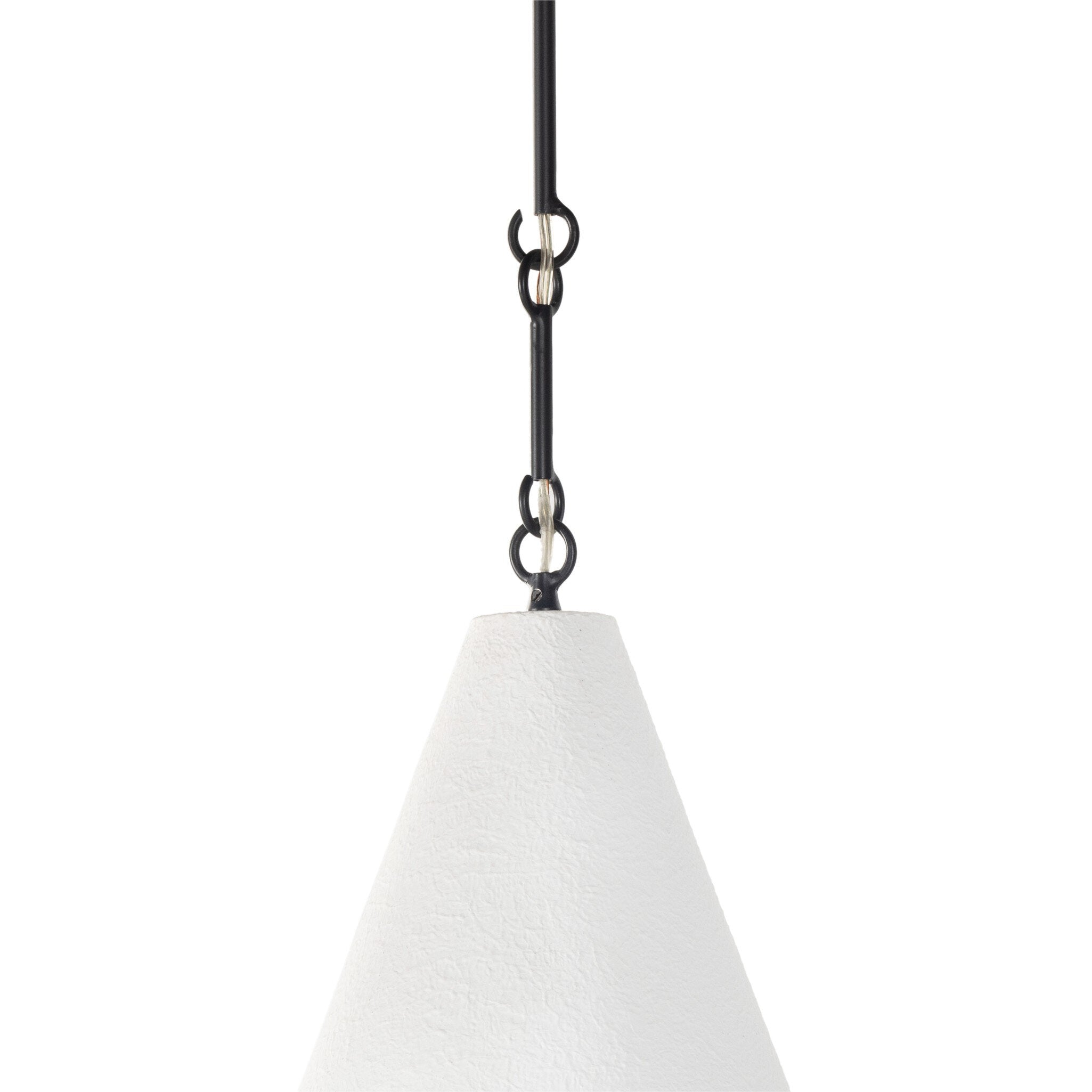 Black chain detailing Grazia matte white plaster pendant light with antiqued iron hardware 