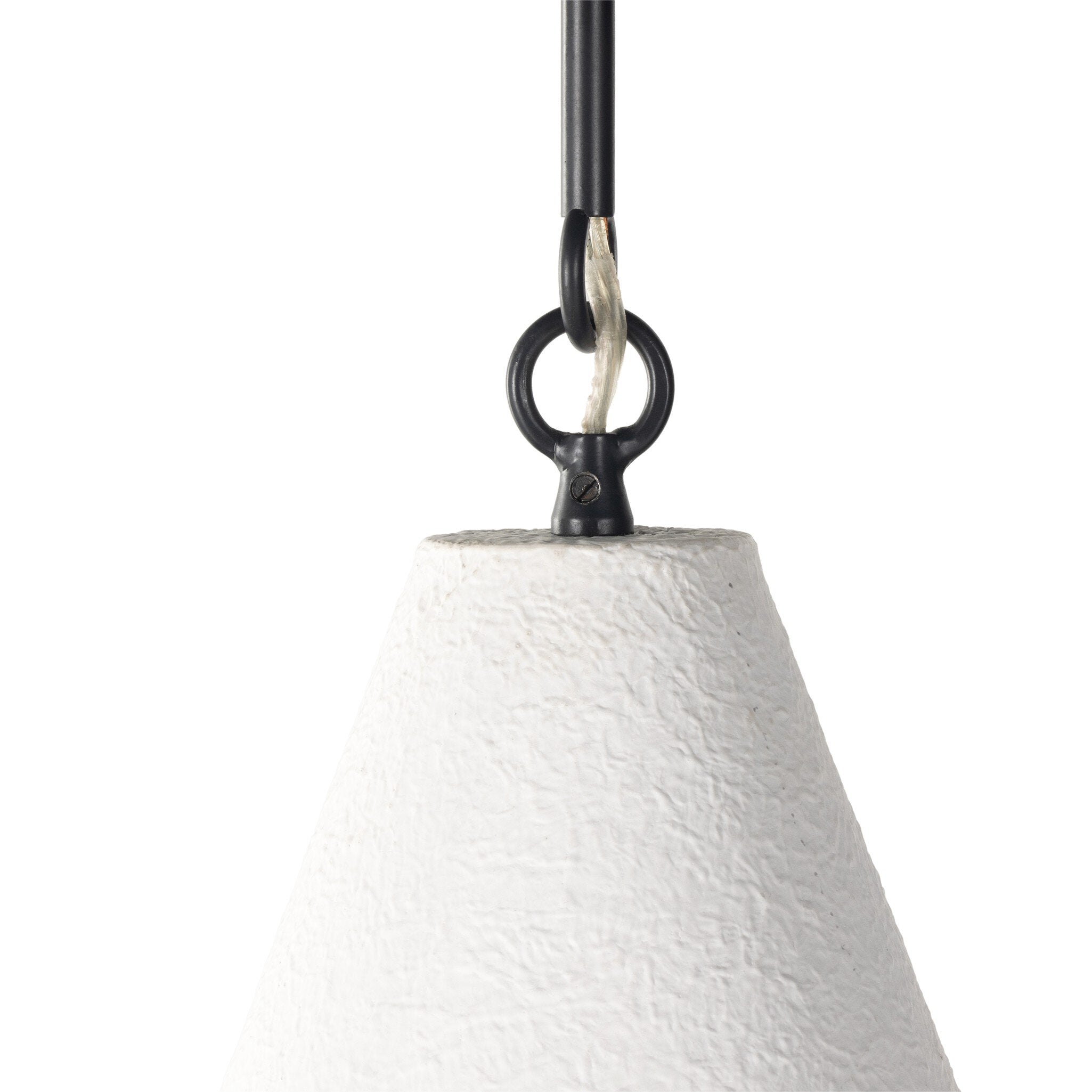 Black chain link attachment for textured Grazia matte white plaster pendant light with antiqued iron hardware 