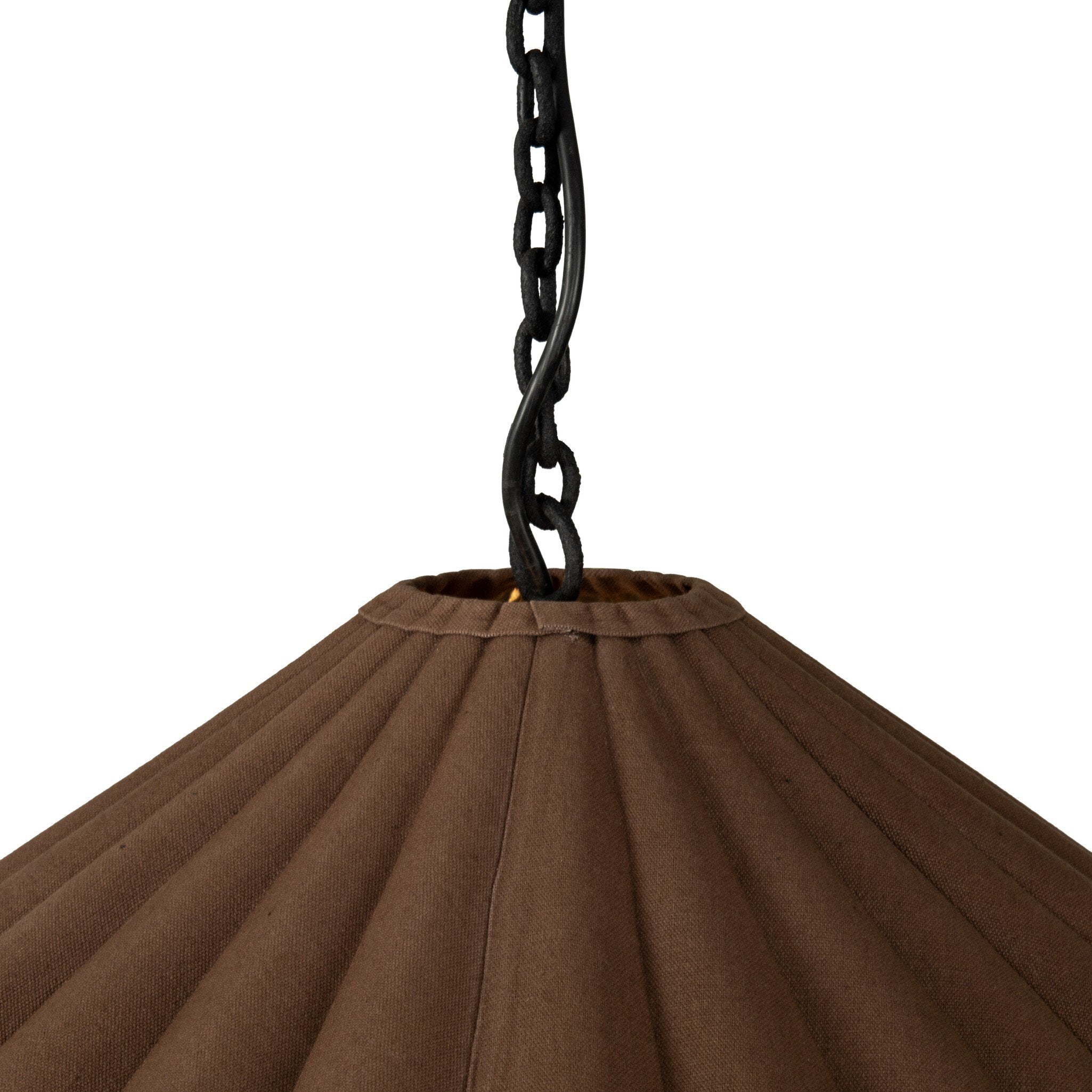 Fiorella 34-inch scalloped espresso brown canvas pendant light with antiqued brass interior close detail of pleated cotton stitching with black chain