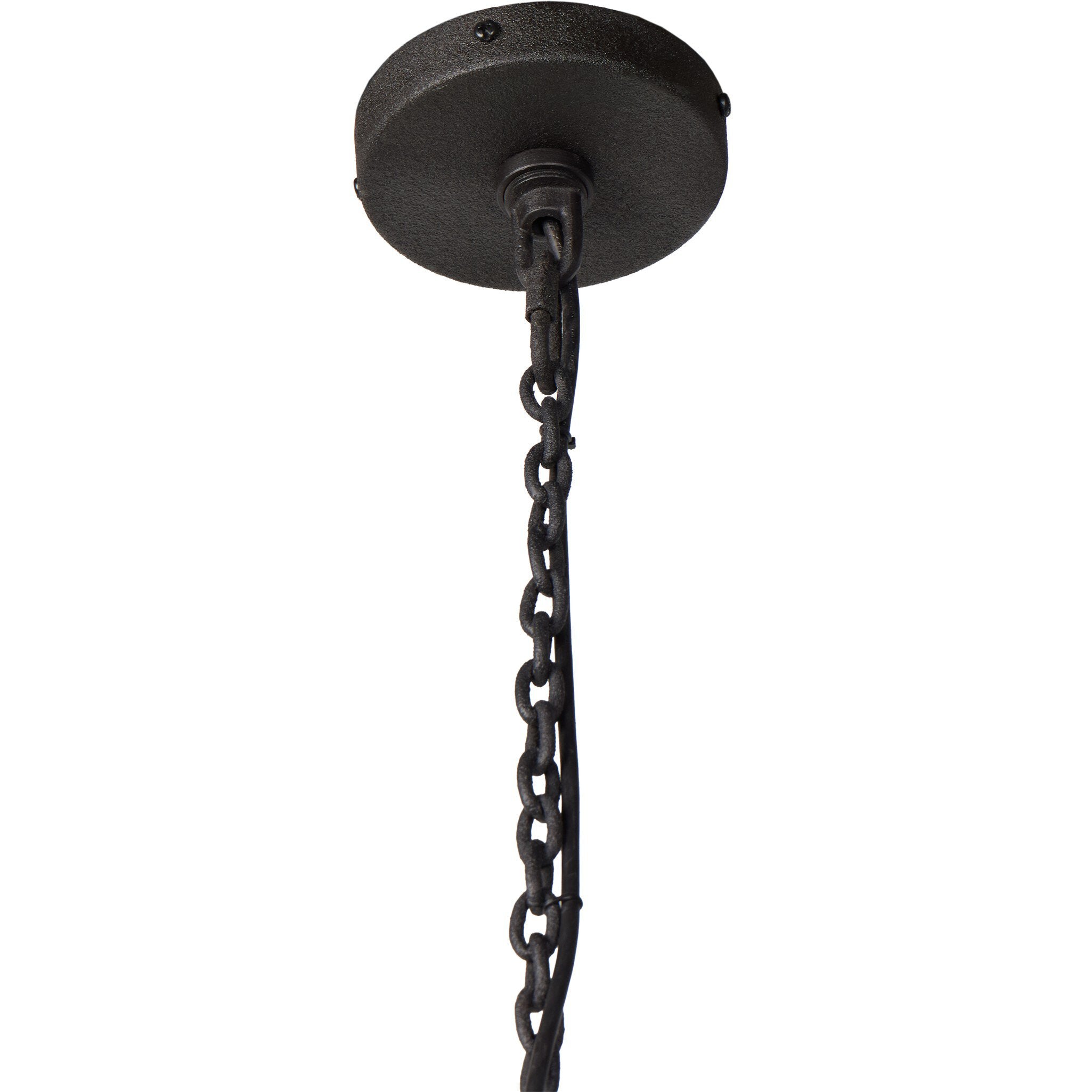 Black metal chain hanging against a white background Fiorella 34-inch scalloped cream canvas pendant light with antiqued brass interior 