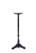 Black metal table base with round top plate and three curved feet, no tabletop