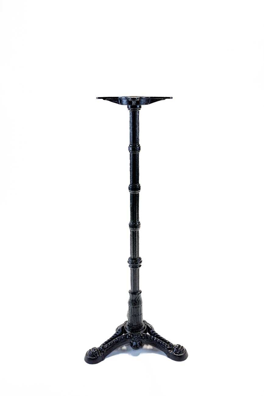 Black metal table base with round top plate and three curved feet, no tabletop