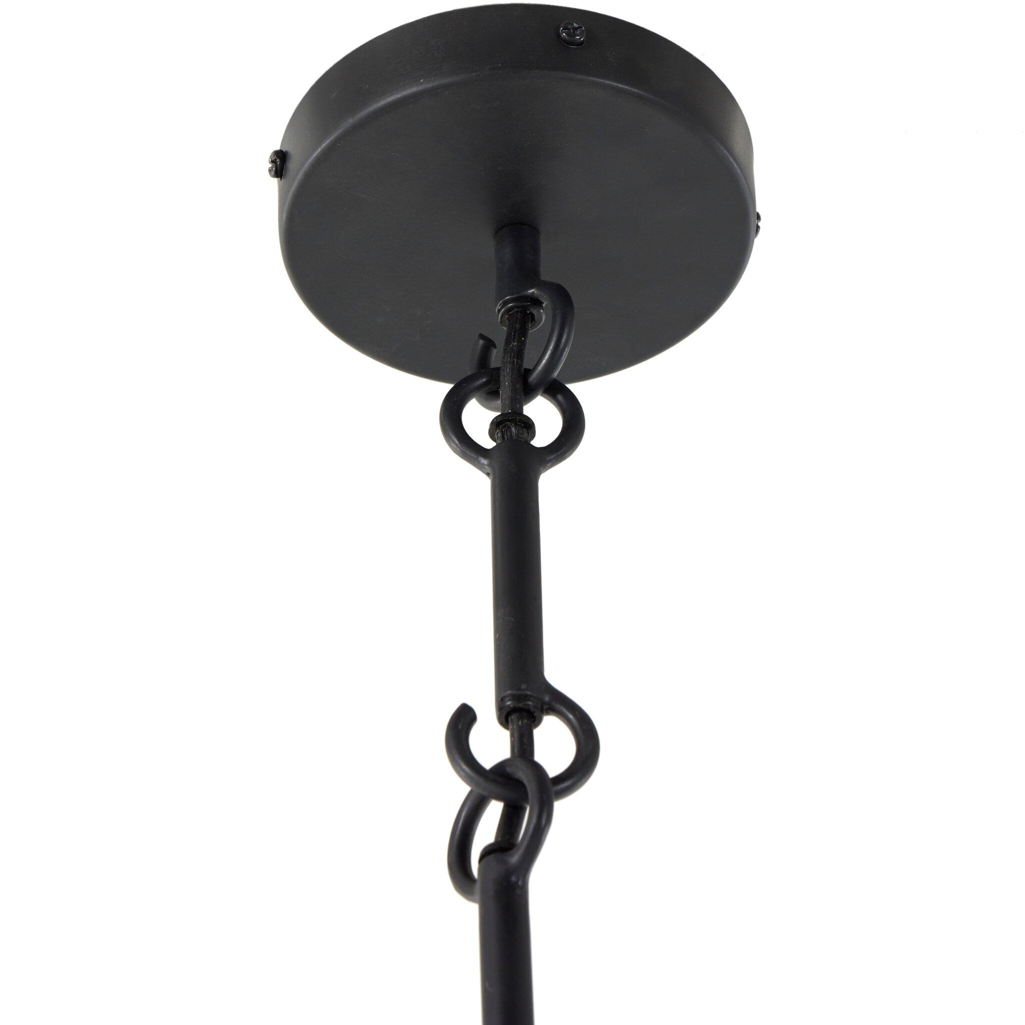 Black metal hook detailing Grazia matte black plaster pendant light with antiqued iron hardware 