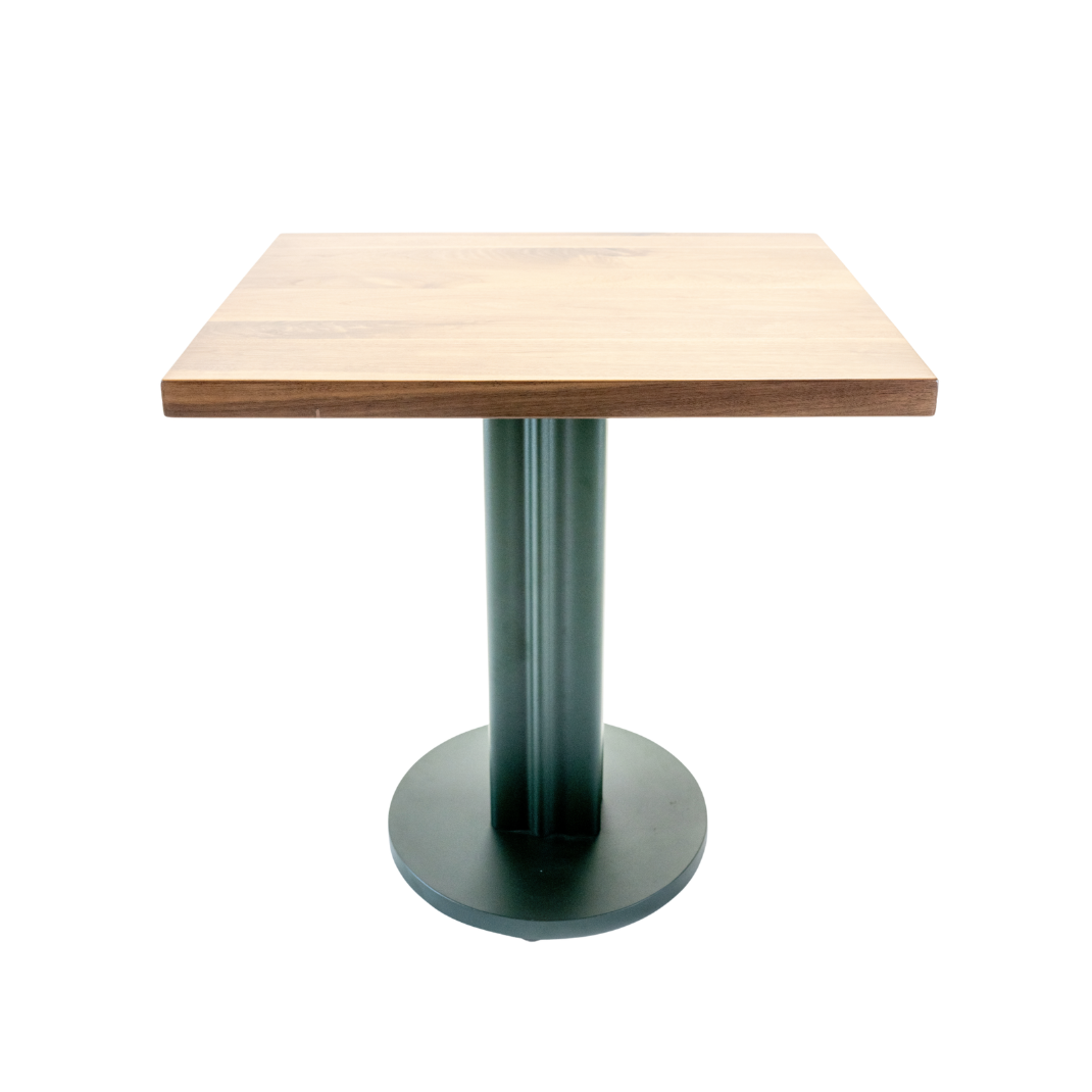 Black powder coat finish on a heavy-duty steel table base with 3M Scotchkote protection with wooden table top