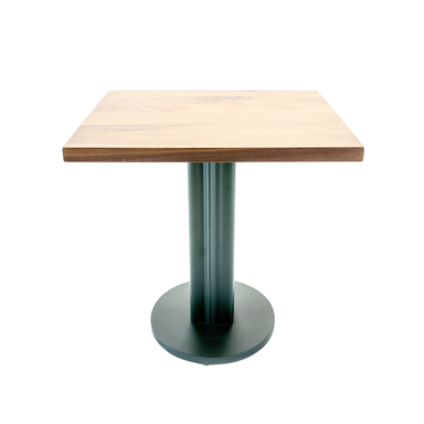 Black powder coat finish on a heavy-duty steel table base with 3M Scotchkote protection with wooden table top