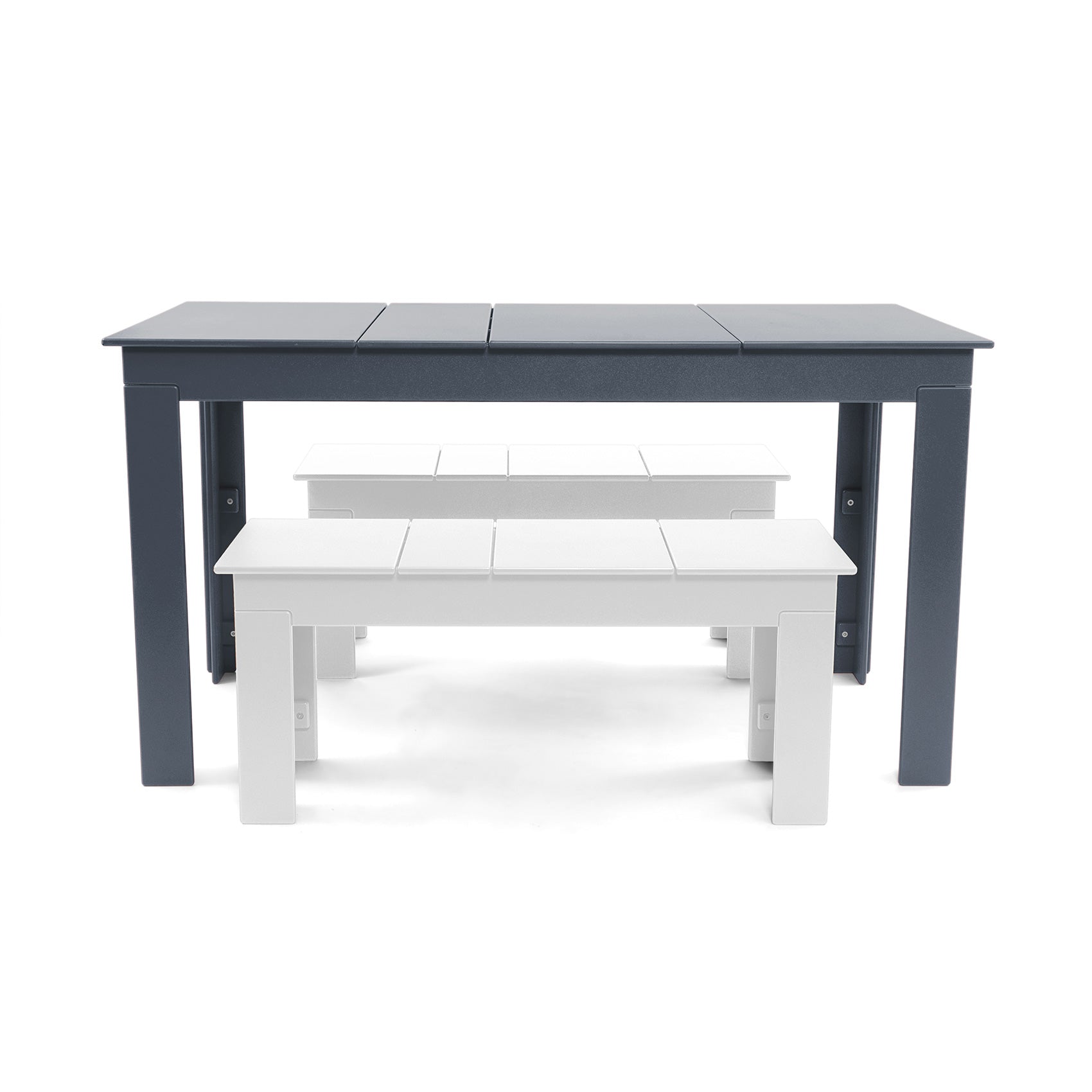 Blue durable all-weather HDPE material on the eco-friendly Rectangular Outdoor Picnic Table with white benches