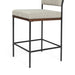 Counter stool with light gray upholstered seat and black metal base with cross brace