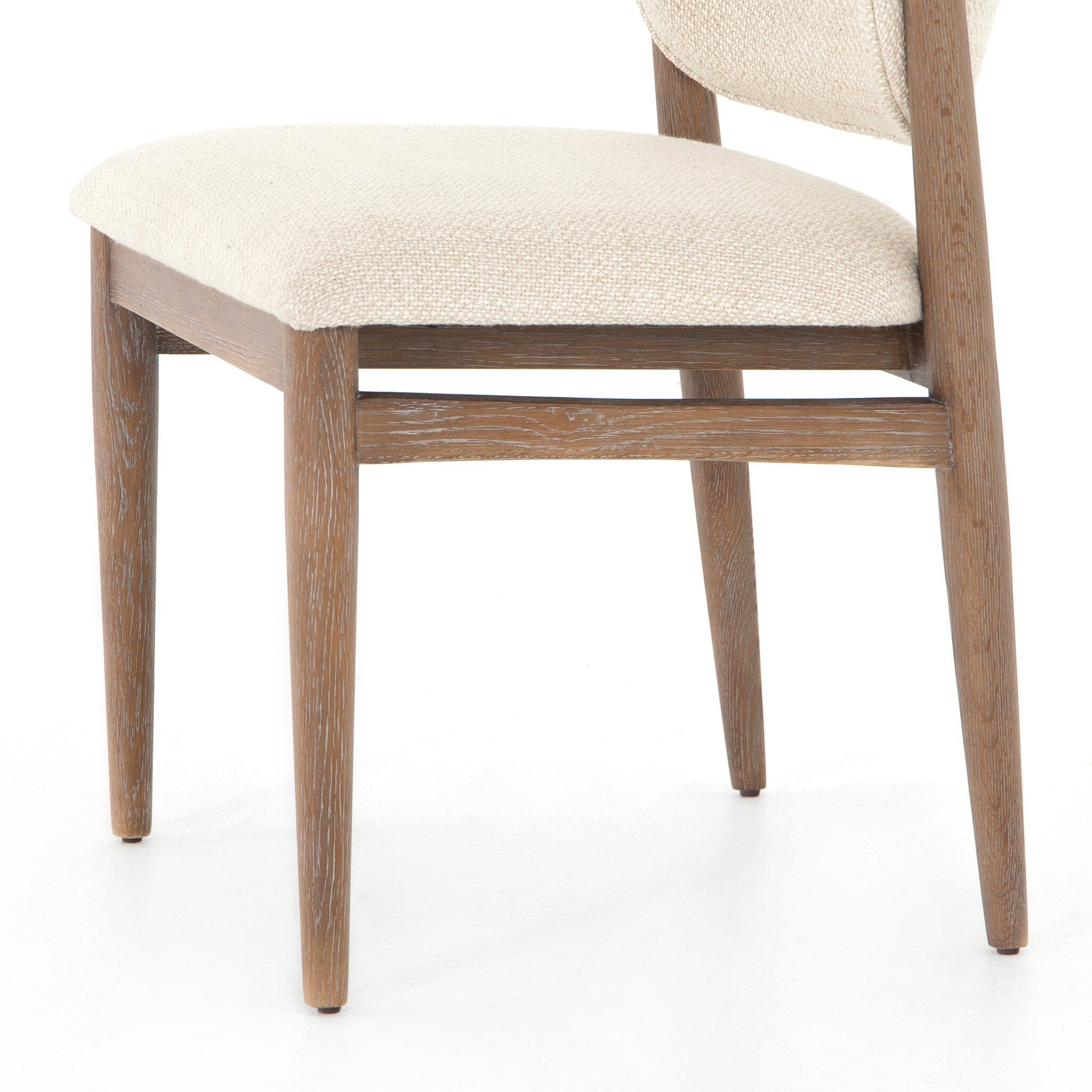Bottom angle Mid-century modern dining chair with pecan wood frame and upholstered seat fabric swatch