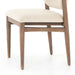 Bottom angle Mid-century modern dining chair with pecan wood frame and upholstered seat fabric swatch