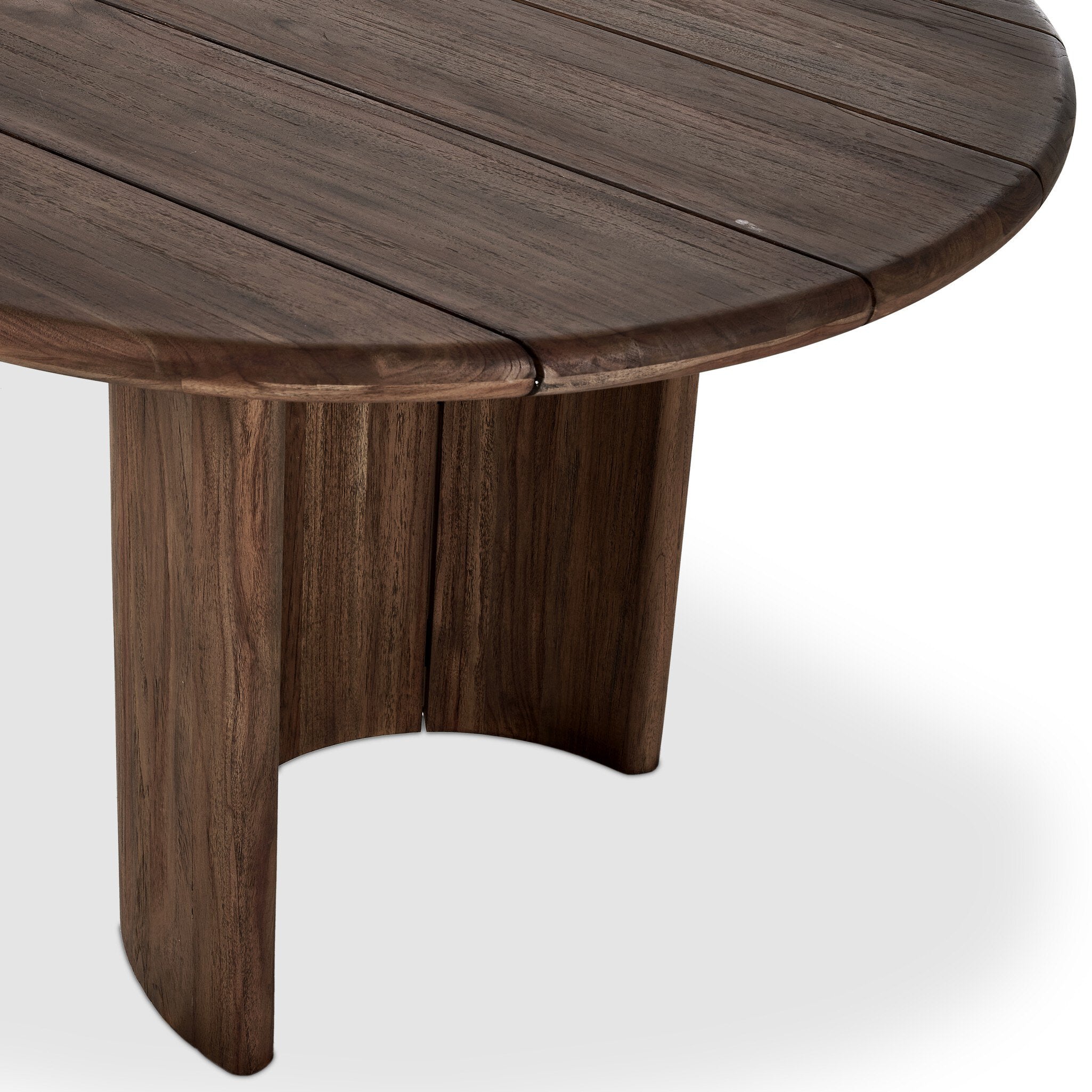 Corner detail Paden 94-inch Outdoor Dining Table in Toasted Brown FSC-certified teak with crescent legs