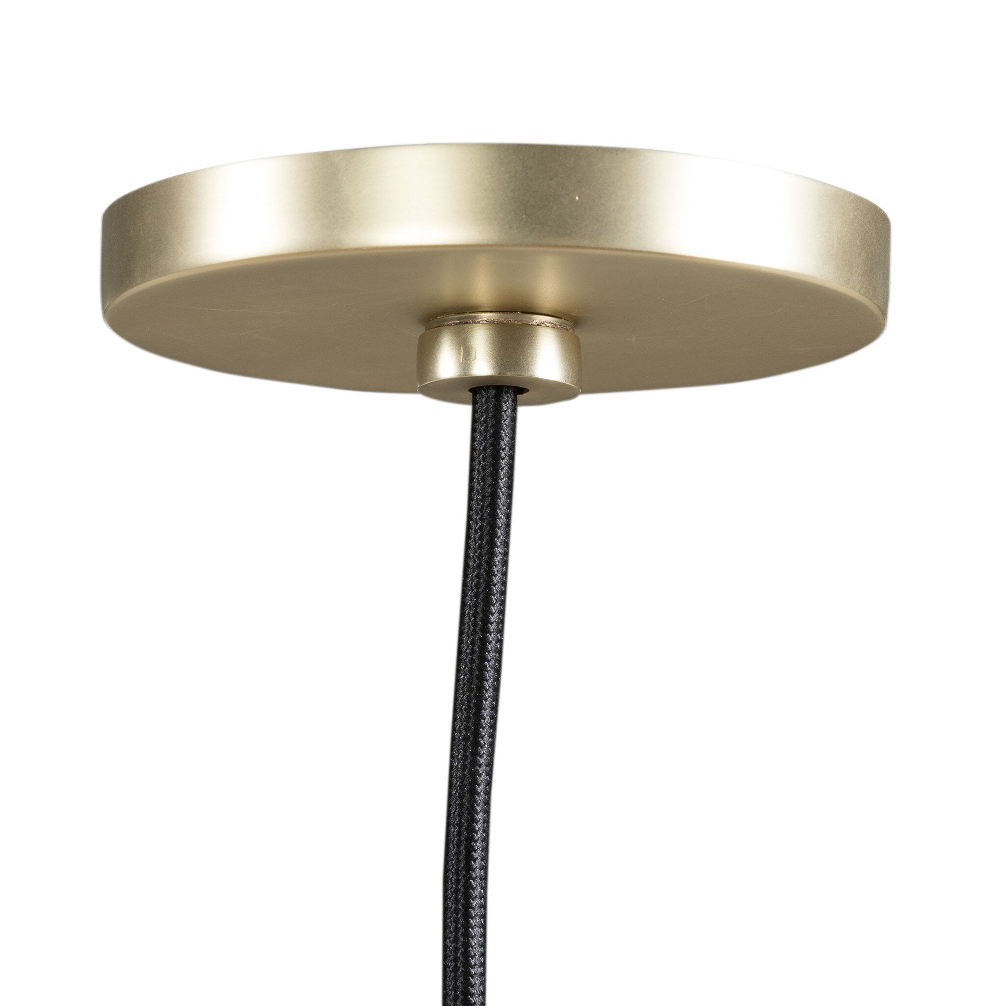 Brass fixture detail Cullen pendant light with a camel leather shade and natural walnut finial 