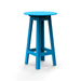 Blue round bar table with angled legs and open-frame cutouts