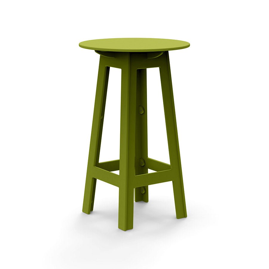 Green round bar table with angled legs and open-frame cutouts