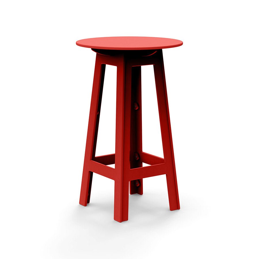 Red round bar table with angled legs and open-frame cutouts