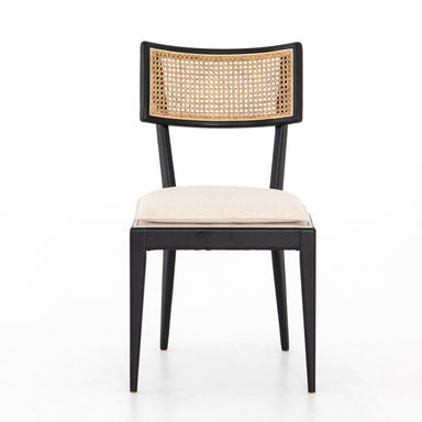 Britt Dining Chair in Cambric Ivory performance fabric with black parawood tapered legs