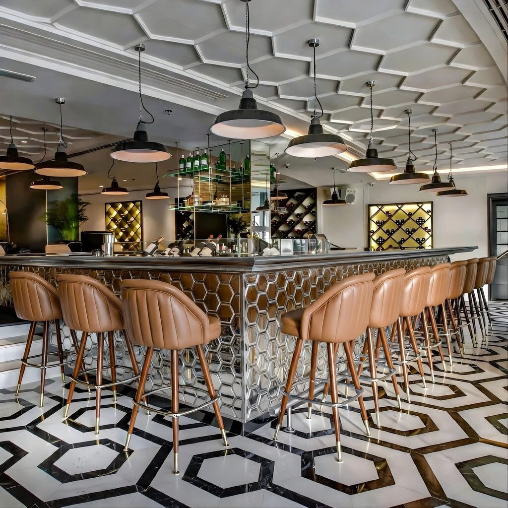 Brown Large channeled bar stool showcasing a bold architectural silhouette and premium performance upholstery for luxury hospitality use