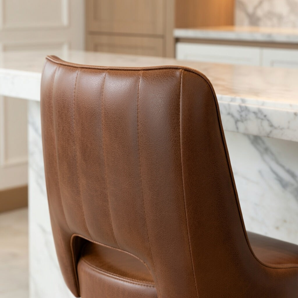 Brown Modern Rowan bar stool featuring a softly cushioned seat and a grounded metal frame with clean architectural lines for hospitality use