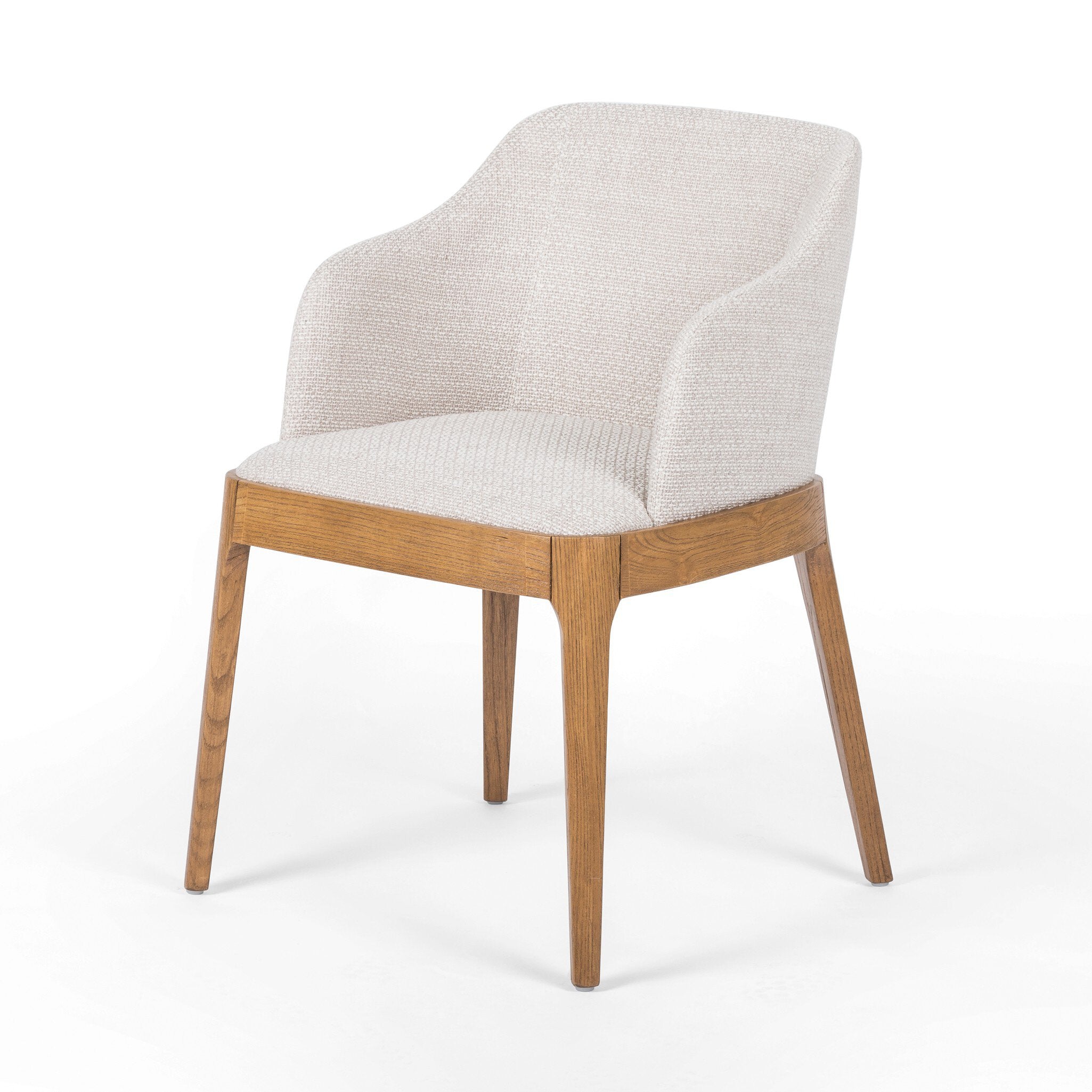 Bryce Dining Chair in light honey solid nettlewood with high-performance upholstered seat, transitional hospitality seating angle