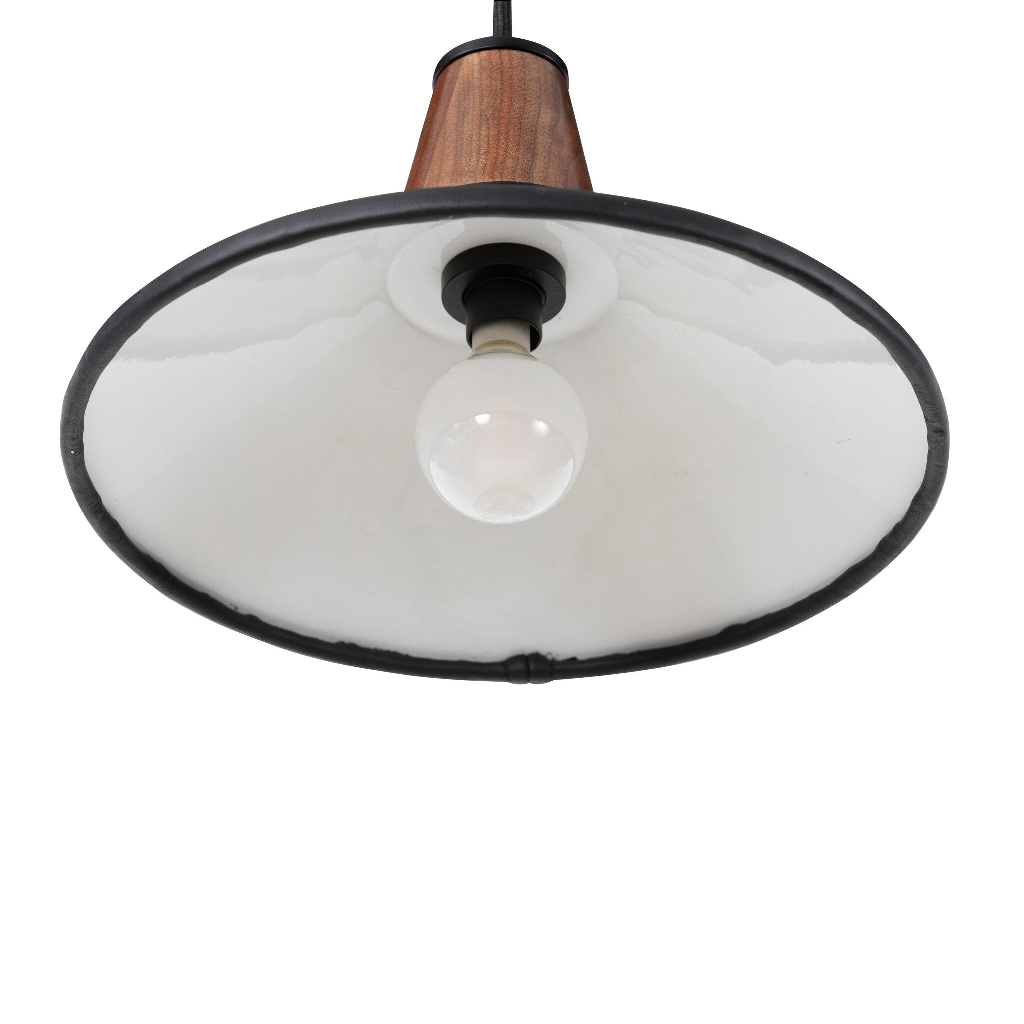 Underneath bulb view Cullen pendant light with a black leather shade and natural walnut finial 