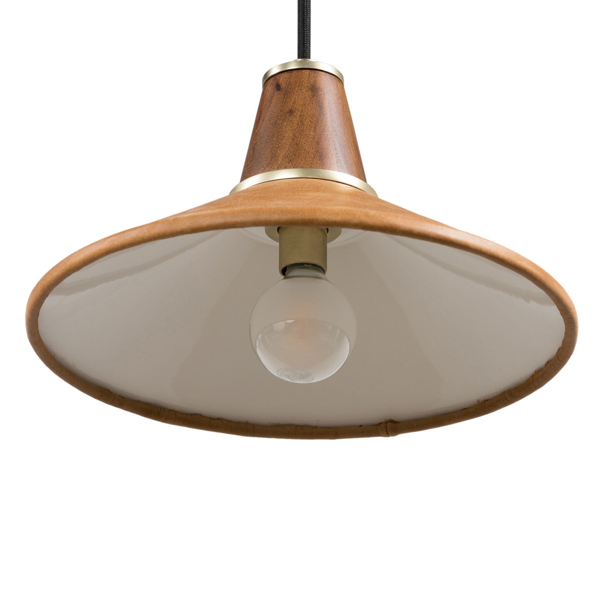 Underneath view of bulb Cullen pendant light with a camel leather shade and natural walnut finial 